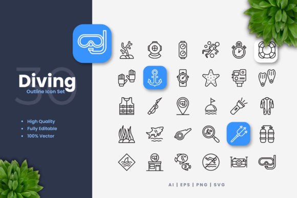 Diving Outline Icons: Graphics for Real Business Use